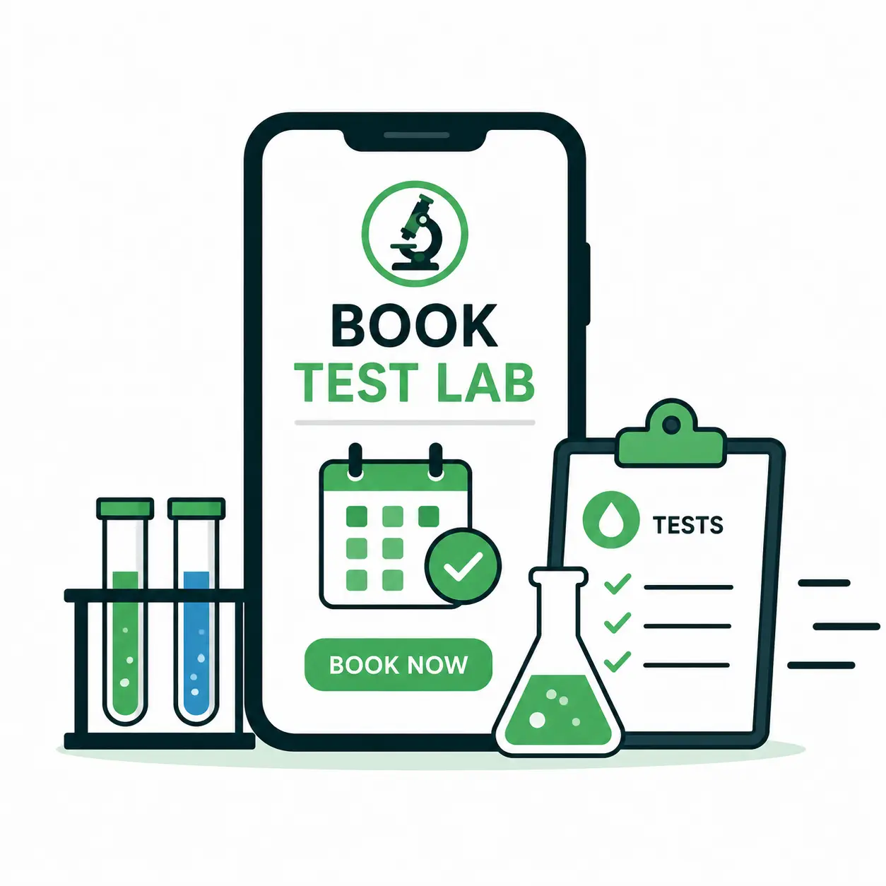 Lab test booking interface with test tubes, calendar and checklist